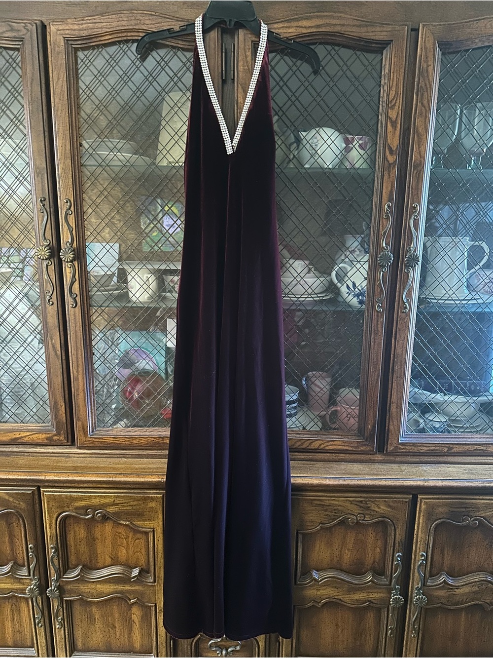 V-Neck Velvet Evening Gown in Deep Red